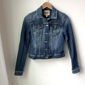 PAIGE Denim Vermont Jacket Button Front Blue Boho Distressed Flap Pockets Size S